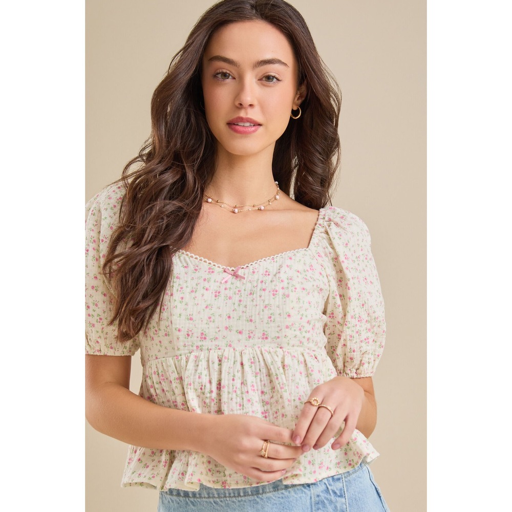 Altar'd State Floral Peplum Top Puff Sleeve Tie Back Pink Ivory Blouse M